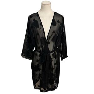 LA INTIMATES Black Rose Flower Burnout Sheer Robe Sz L Sexy Lingerie Tie Coverup